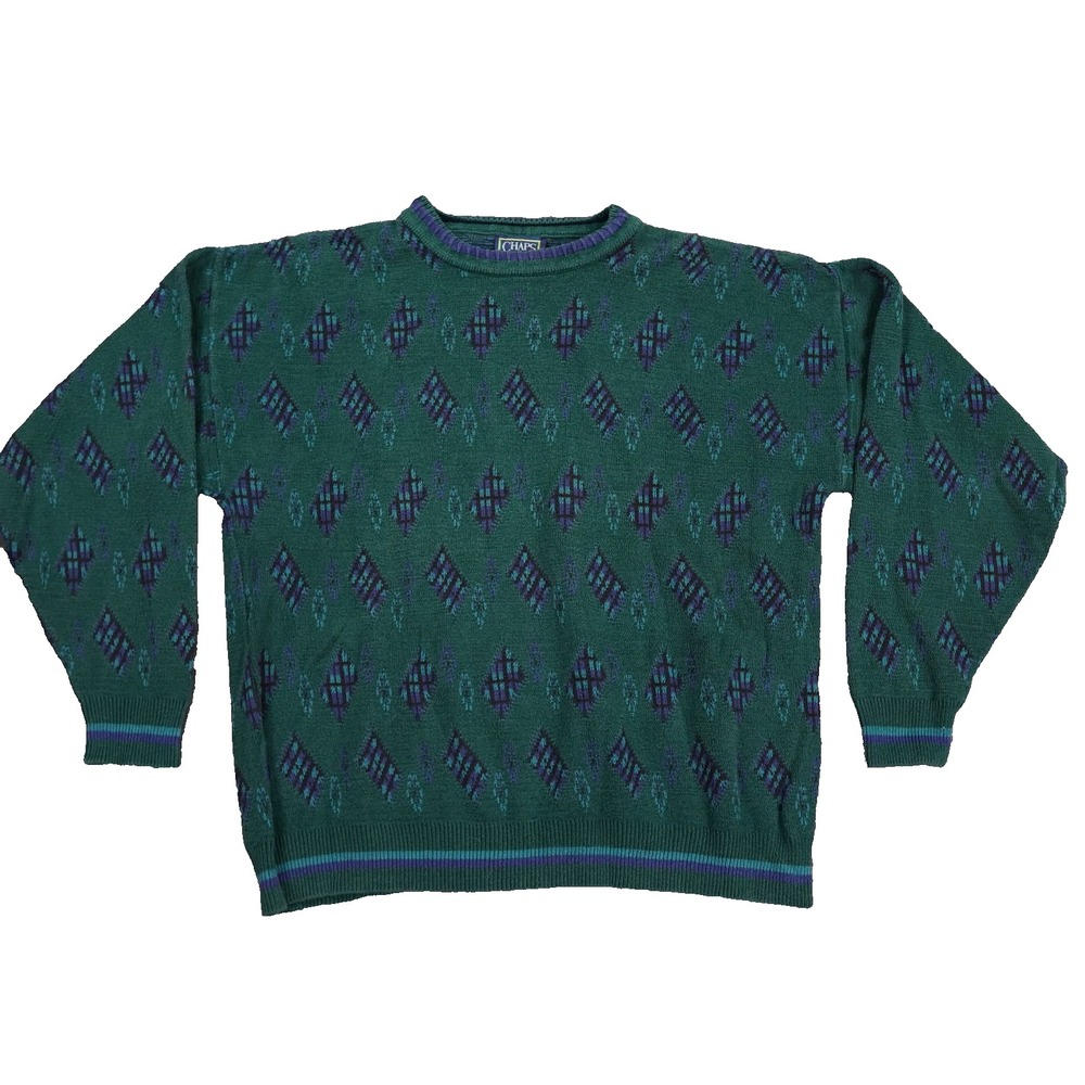 VTG Ralph‎ Lauren Chaps Sweater Mens XL Green Purple Geometric Knit Cotton USA